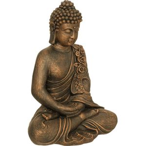Boeddha beeld Chill - binnen/buiten - kunststeen - antiek brons - 39 x 25 x 55 cm - Beeldjes