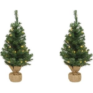 2x Volle mini kerstbomen groen in jute zak met verlichting - Kunst kerstbomen, 90 cm