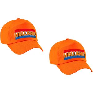 2x stuks Holland supporter pet / cap oranje met Nederlandse vlag - EK / WK voor kinderen - Verkleedhoofddeksels
