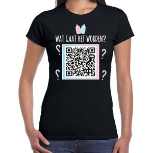 QR code gender reveal t-shirt wat gaat het worden dames zwart - meisje - Gender reveal shirts - Feestshirts