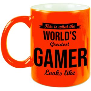 Worlds Greatest Gamer cadeau koffiemok / theebeker neon oranje 330 ml - feest mokken