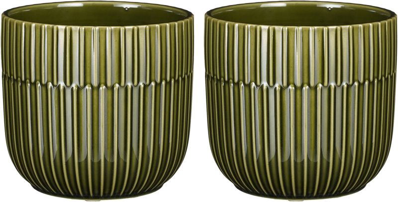 Mica Decorations - 2x - Plantenpot/bloempot - keramiek - groen - stripes patroon - D12.5 x H22 cm - Plantenpotten