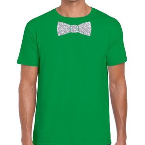 Groen fun t-shirt met vlinderdas in glitter zilver heren - Feestshirts