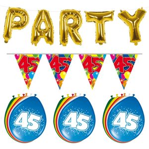 Verjaardag feestversiering 45 jaar PARTY letters en 16x ballonnen met 2x plastic vlaggetjes - Vlaggenlijnen