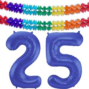 Grote folie ballonnen cijfer 25 in het blauw 86 cm en 2x feestslingers - Ballonnen