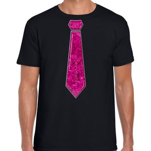 Verkleed t-shirt voor heren - stropdas roze - pailletten - zwart - carnaval - foute party - Feestshirts