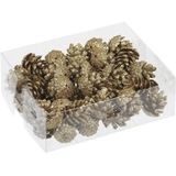 96x stuks decoratie dennenappels glitter goud 3,5 cm - Kerststukje/herfststukje versiering/decoratie - Dennenappeltjes