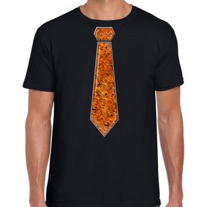 Verkleed t-shirt voor heren - stropdas oranje - pailletten - zwart - carnaval - foute party - Feestshirts