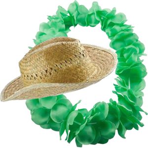 Carnaval verkleed set - Tropische Hawaii party - stro beach hoed - met volle bloemenslinger groen - Verkleedhoofddeksels