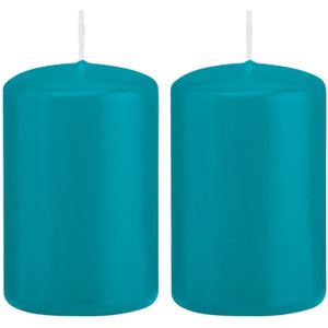 2x Turquoise blauwe woondecoratie kaarsen 5 x 8 cm 18 branduren - Stompkaarsen