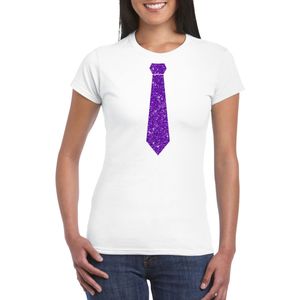 Wit fun t-shirt stropdas met paarse glitters dames - Feestshirts
