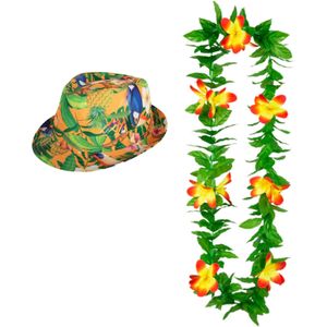 Hawaii thema party verkleedset - Hoedje Tropical print - bloemenkrans groen/geel - Tropical toppers - Verkleedhoofddeksels
