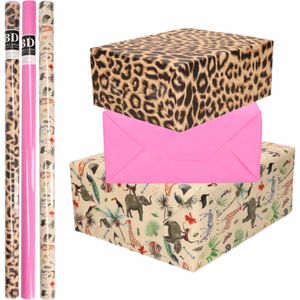 9x Rollen kraft inpakpapier jungle/panter pakket - dieren/luipaard/roze 200 x 70 cm - Cadeaupapier