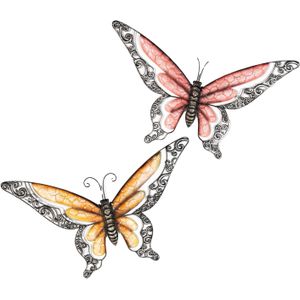 Wanddecoratie vlinders - 2x - oranje/rood - 49 x 28 cm - metaal - muurdecoratie/schutting - Tuinbeelden