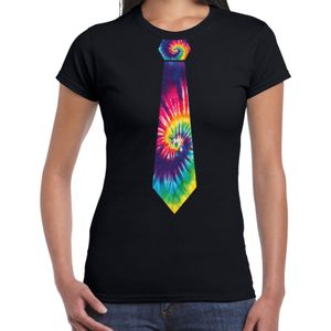 Hippie thema verkleed feest stropdas t-shirt tie dye voor dames - zwart - Feestshirts