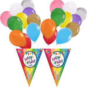 Verjaardag ballonnen 100x stuks met Happy Birthday vlaggetjes 2x 5m - Vlaggenlijnen