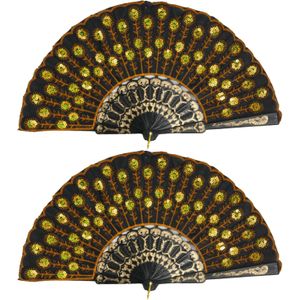 Spaanse handwaaier - 2x - zwart/goud - pailletten - kunststof/polyester - 24 x 44 cm - Verkleedattributen
