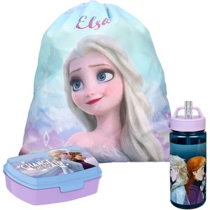 Disney Frozen lunchbox set voor kinderen - 3-delig - blauw/lila - incl. gymtas/schooltas - Lunchboxen