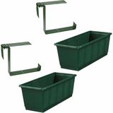 Set van 4 kunststof plantenbakken donkergroen rechthoekig 60 cm met 8 verstelbare railing beugels - Plantenbakken