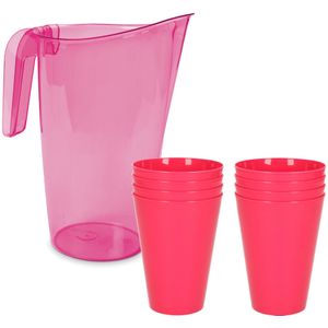 8x kunststof drinkbekers 430 ML met schenkkan set roze van 1.75 liter - Schenkkannen