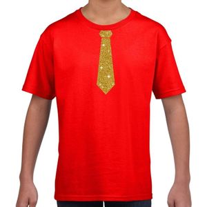 Stropdas goud glitter t-shirt rood voor kinderen - Feestshirts