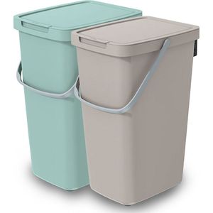 GFT/rest afvalbakken set - 2x - 20L - Beige/groen - 23 x 29 x 45 cm - afval scheiden - Prullenbakken