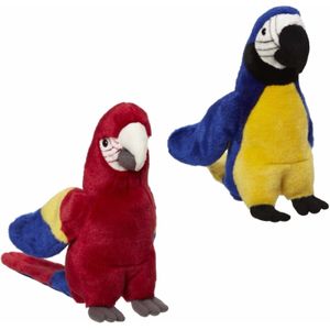 2x Pluche papegaaien knuffels rood en blauw 21 cm - Tropische vogels