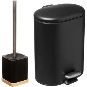 5Five Badkamer/toilet accessoires set - WC-borstel/pedaalemmer 6L- zwart - metaal/polyresin