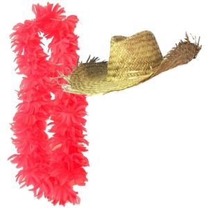 Carnaval verkleedset - Tropical Hawaii party - strohoed - en volle bloemenslinger neon roze - Verkleedhoofddeksels