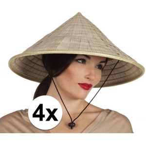4x Chinese/Vietamese stro hoeden met punt - Verkleedhoofddeksels