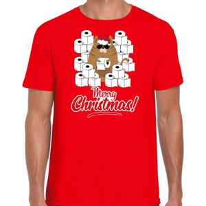 Fout Kerst t-shirt / outfit met hamsterende kat Merry Christmas rood voor heren - kerst t-shirts
