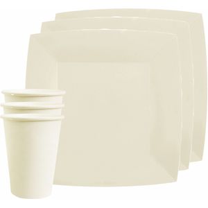 Feest/verjaardag servies set 10x gebaksbordjes en bekertjes - wit - karton - Feestbordjes