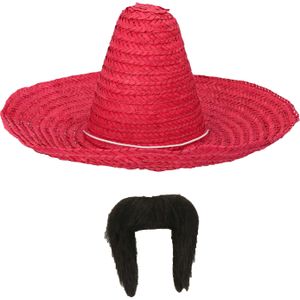 Carnaval verkleed set - Mexicaanse sombrero hoed met plaksnor - rood - heren - Verkleedhoofddeksels