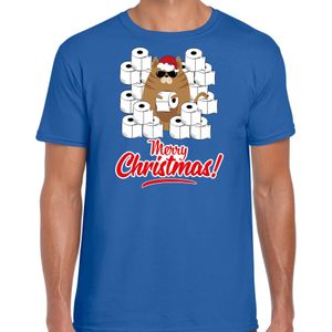 Fout Kerst t-shirt / outfit met hamsterende kat Merry Christmas blauw voor heren - kerst t-shirts