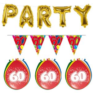 Verjaardag feestversiering 60 jaar PARTY letters en 16x ballonnen met 2x plastic vlaggetjes - Vlaggenlijnen