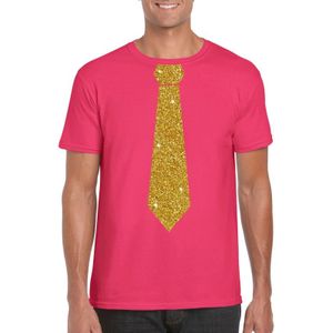 Roze fun t-shirt met stropdas in glitter goud heren - Feestshirts