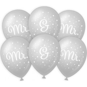 6x stuks Mr. &amp; Mr. huwelijks feest ballonnen - zilver/wit - latex - ca 30 cm - Ballonnen