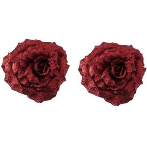2x Kerstbloemen versiering rode glitter roos op clip 18 cm - Kersthangers