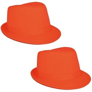 2x stuks neon oranje trilby carnaval verkleed hoedje - Verkleedhoofddeksels