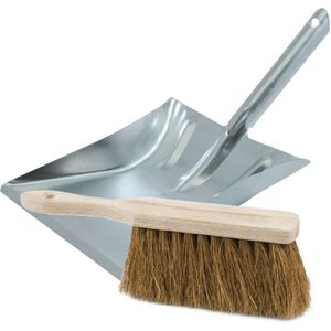Stoffer en Blik set Thor - voor buiten - blik van metaal - zilver - 38 x 23 cm - borstel hout 28 cm - Stoffer en blik
