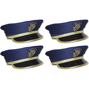 4x stuks kinder verkleed politiepet blauw met goud - Verkleedhoofddeksels