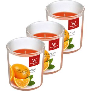 3x Geurkaarsen sinaasappel in glazen houder 25 branduren - Geurkaarsen sinaasappel geur - Woondecoraties