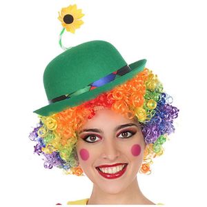 Clown verkleed set gekleurde pruik met bolhoed groen met bloem - Verkleedpruiken