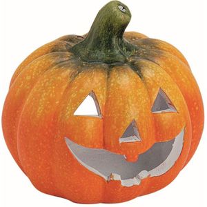 Halloween pompoen theelichthouder - klei - oranje - 14 x 13 cm - windlichten