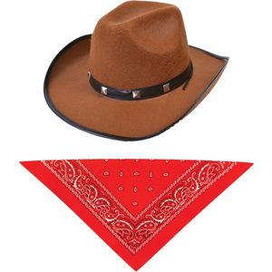 Carnaval verkleed hoed voor een cowboy - bruin - polyester - heren/dames - incl. bandana - Verkleedhoofddeksels