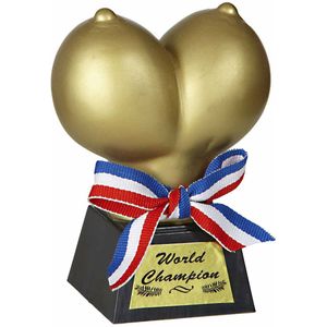 Trofee/award gouden grote borsten/tieten - 13 cm - Fun prijs mooiste borsten - Fopartikelen