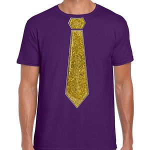 Verkleed t-shirt voor heren - stropdas glitter goud - paars - carnaval - foute party - Feestshirts