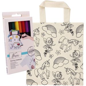 Inkleurbaar tasje eenhoorn thema incl 8x textielstiften - katoen - 30 cm - Hobbypakket