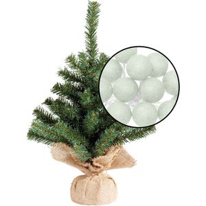 Kleine kunst kerstboom - H45 cm- incl. lichtsnoer met balletjes lichtgroen - Kunstkerstboom