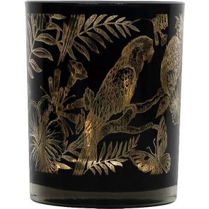 Theelichthouder/waxinelichthouder glas zwart 10 cm papegaai print - Windlichtjes/kaarsenhouders